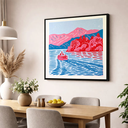 Vibrant Derwentwater Boat and Fells lake district lake wall art displayed in a dining room