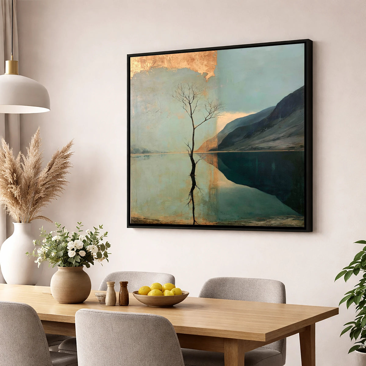 Buttermere Tree with Golden Sky lake district lake wall art displayed in a dining room