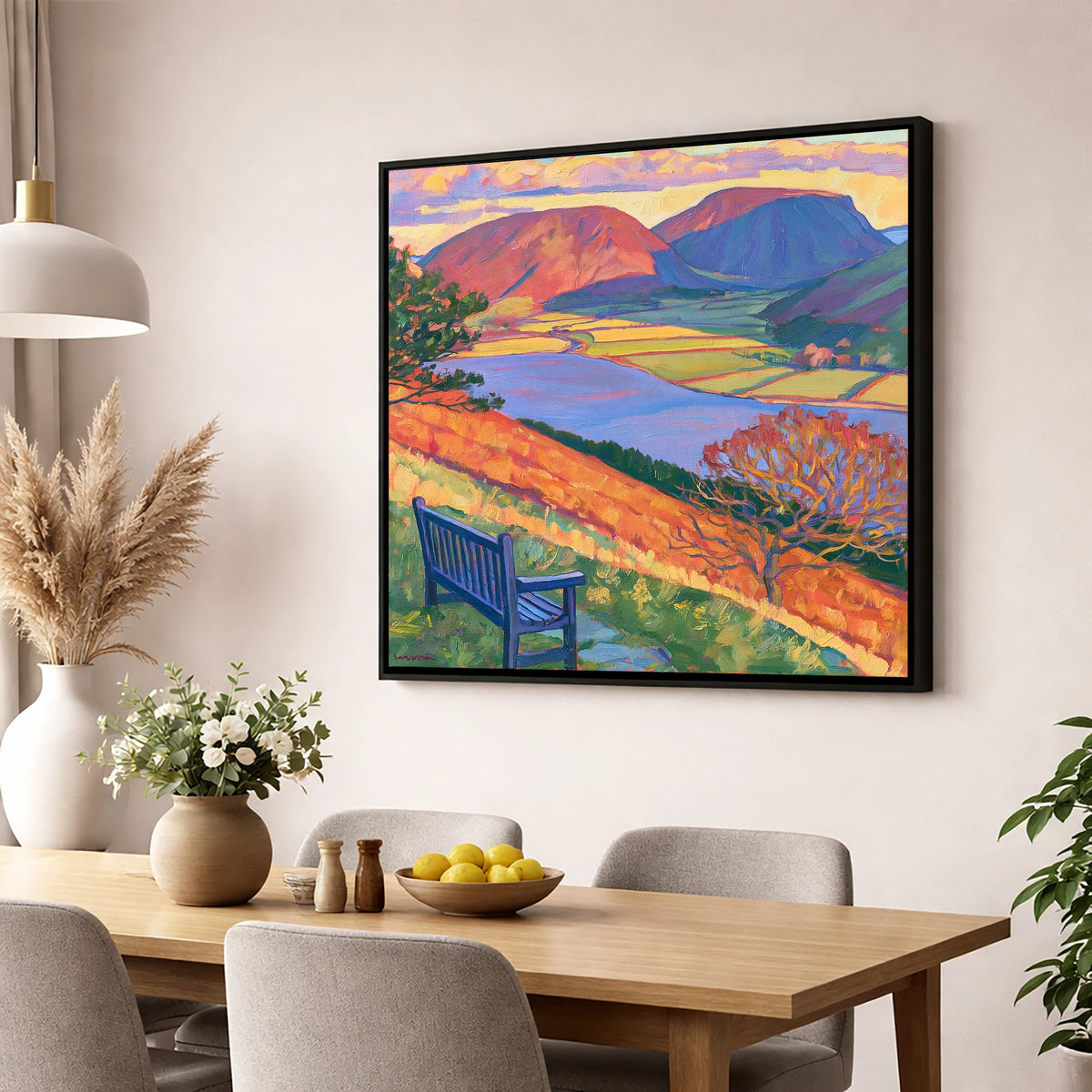 Vibrant Bench View Over Loweswater lake district lake wall art displayed in a dining room