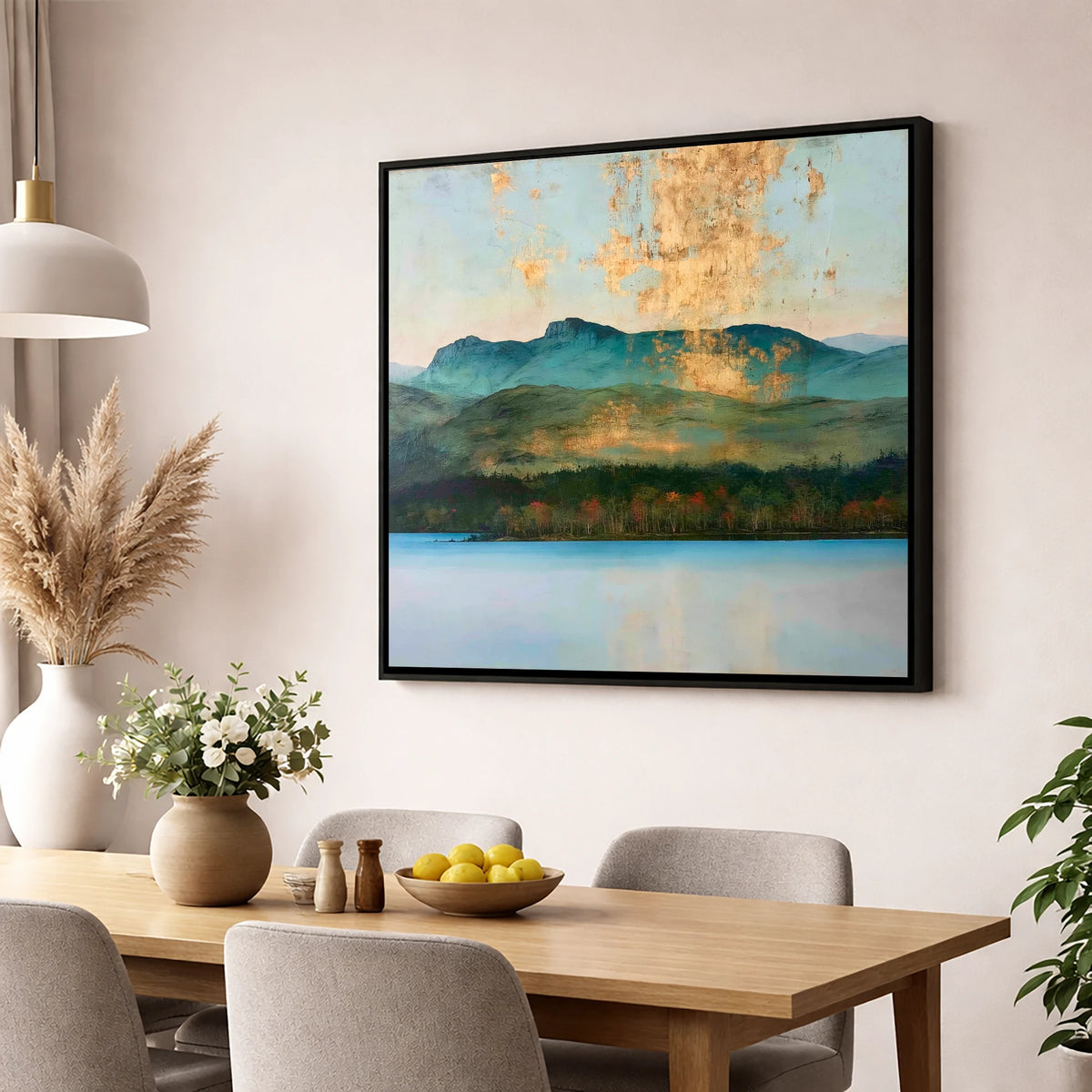 Gilded Sky Over Windermere lake district lake wall art displayed in a dining room