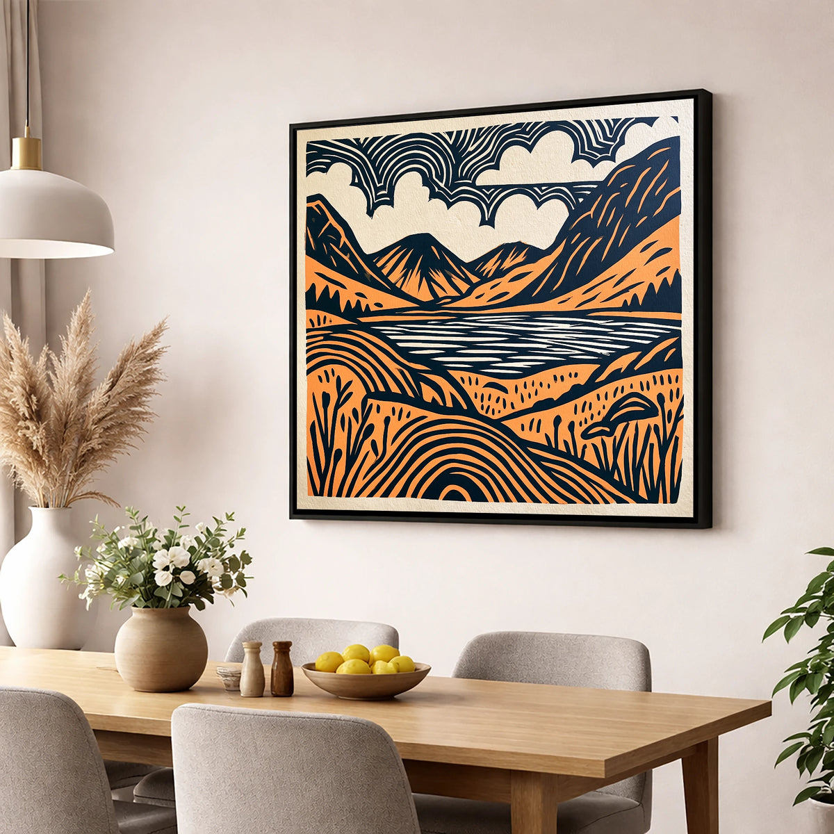 Ennerdale Water in Terracotta and Navy lake district valley wall art displayed in a dining room