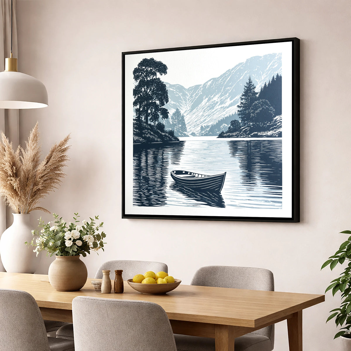 Rowing Boat at Blue Dawn lake district lake wall art displayed in a dining room
