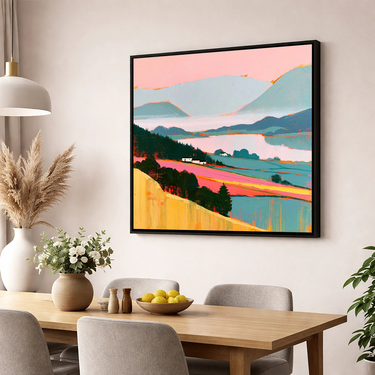 Pink Morning Valley Mist lake district sky wall art displayed in a dining room
