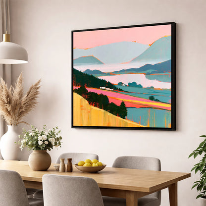 Pink Morning Valley Mist lake district sky wall art displayed in a dining room