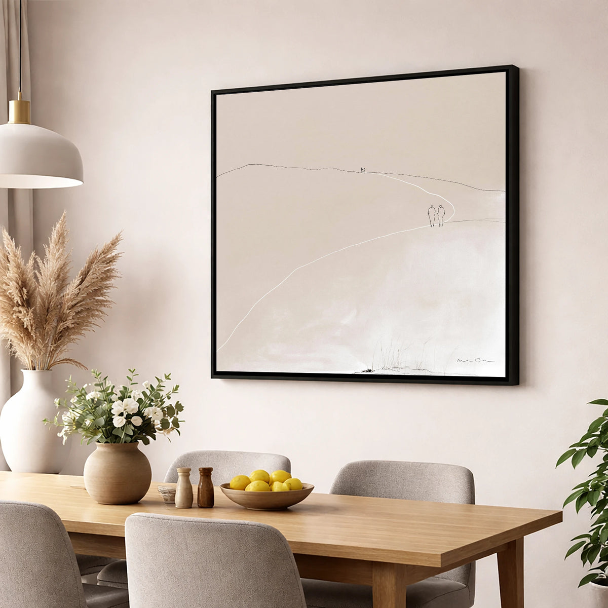 Minimalist Walkers On Fell Path lake district walking wall art displayed in a dining room