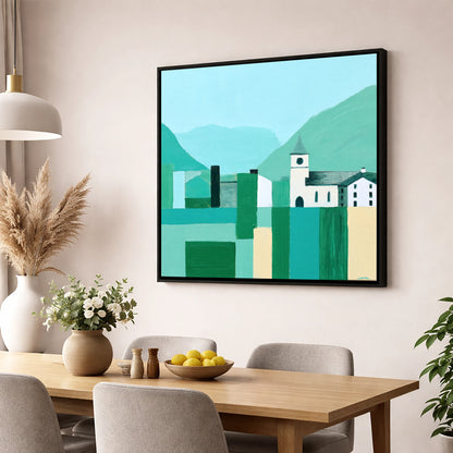 Keswick Townscape in Bold Greens lake district village wall art displayed in a dining room