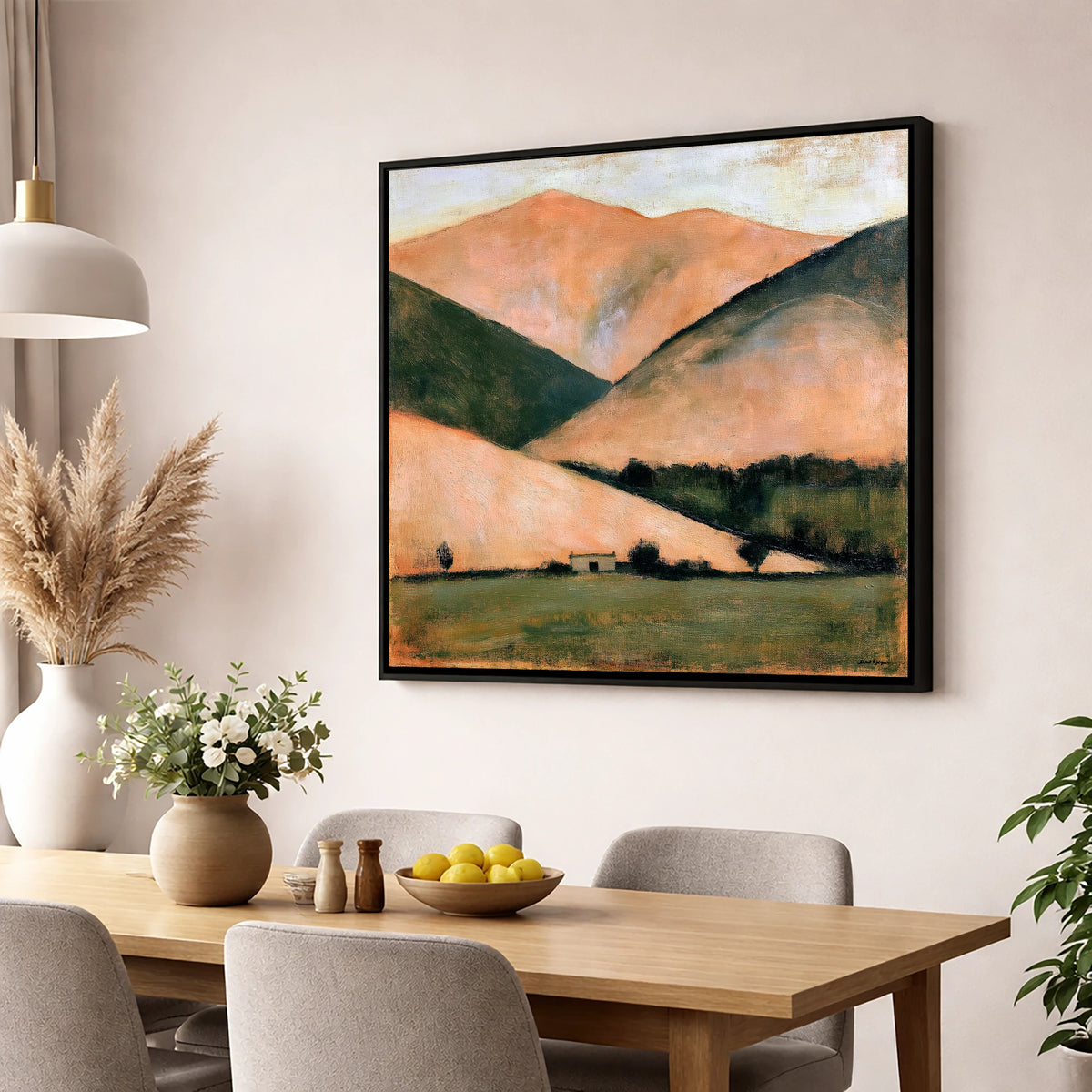 Golden Fells and Stone Bothy lake district sky wall art displayed in a dining room