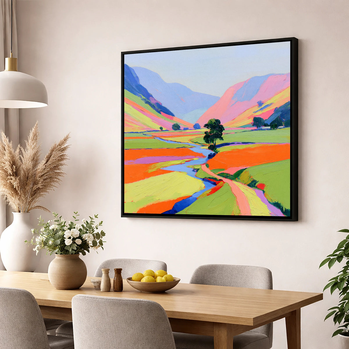 Bright Lakeland Valley Mist lake district sky wall art displayed in a dining room