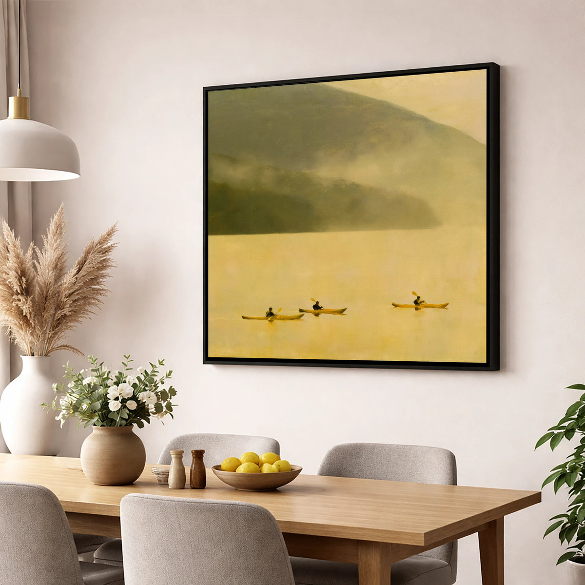Lake Kayaking in Golden Mist lake district walking wall art displayed in a dining room