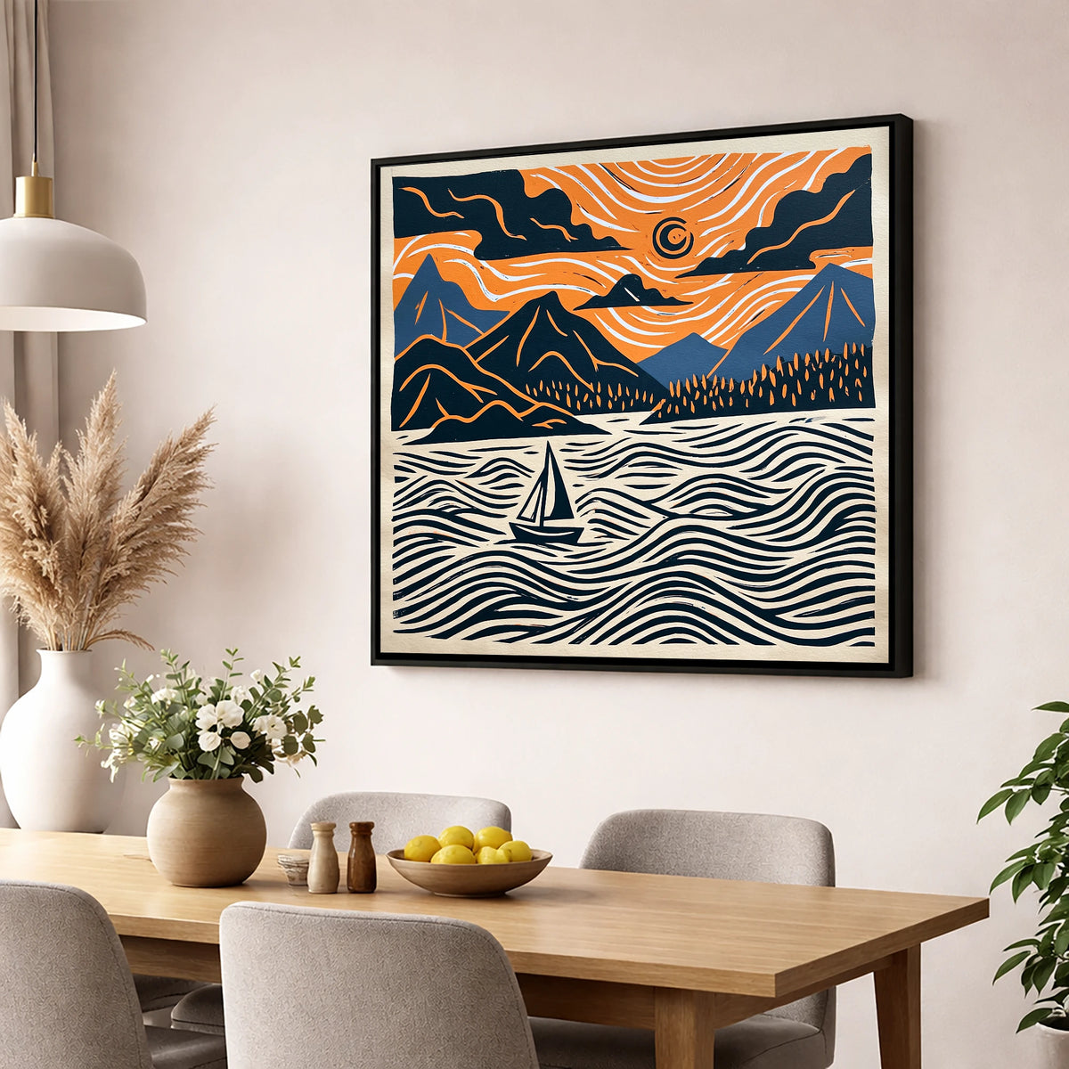 Derwentwater Sailboat Beneath Swirling Skies lake district lake wall art displayed in a dining room