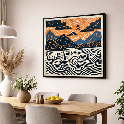 Derwentwater Sailboat Beneath Swirling Skies lake district lake wall art displayed in a dining room