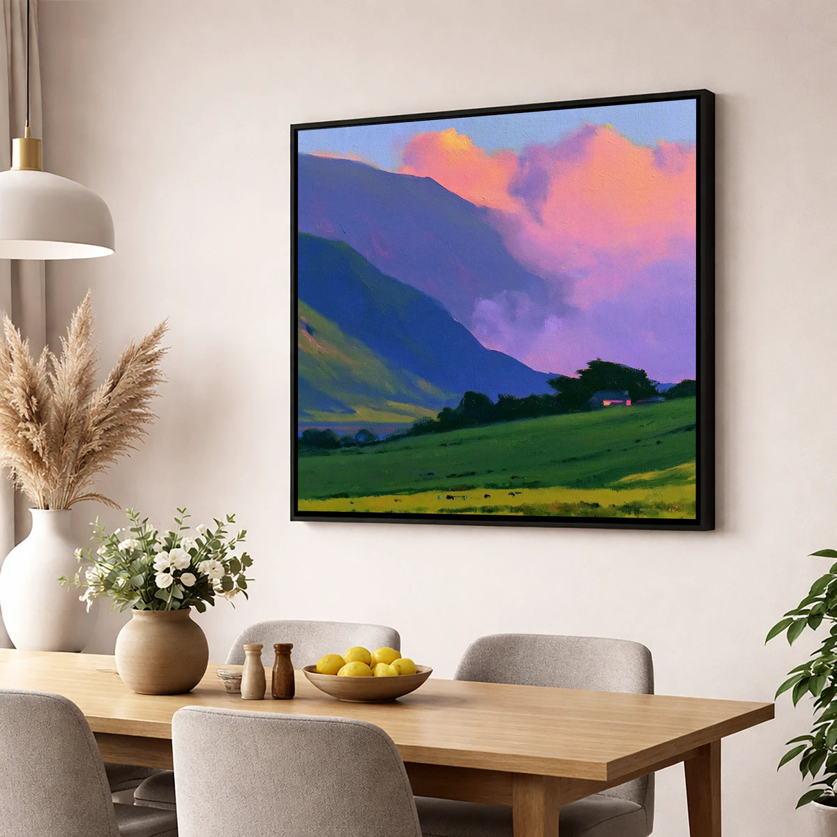 Rolling Fells Under Magenta Clouds lake district fell wall art displayed in a dining room