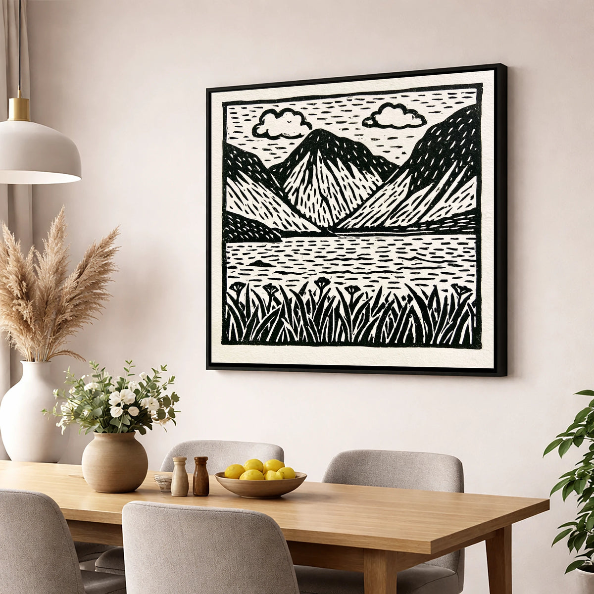 Black and White Wasdale Valley lake district valley wall art displayed in a dining room
