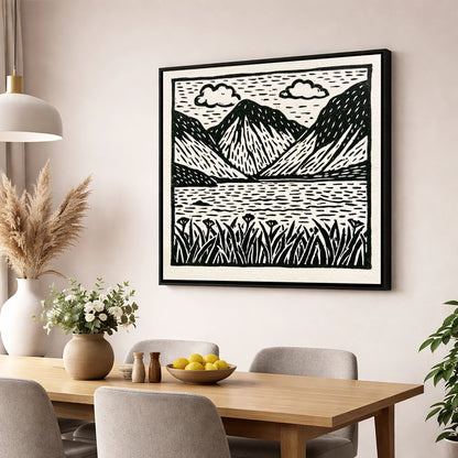Black and White Wasdale Valley lake district valley wall art displayed in a dining room