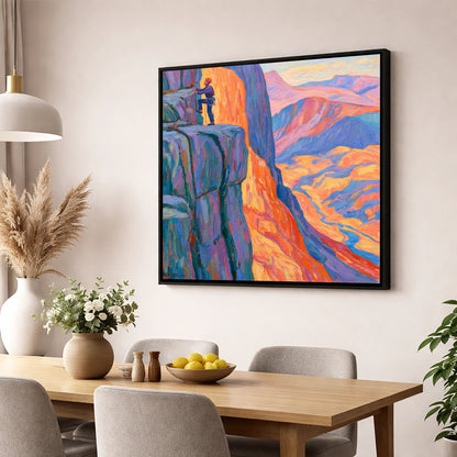 Vibrant Rock Climber on Sunset Crag lake district walking wall art displayed in a dining room