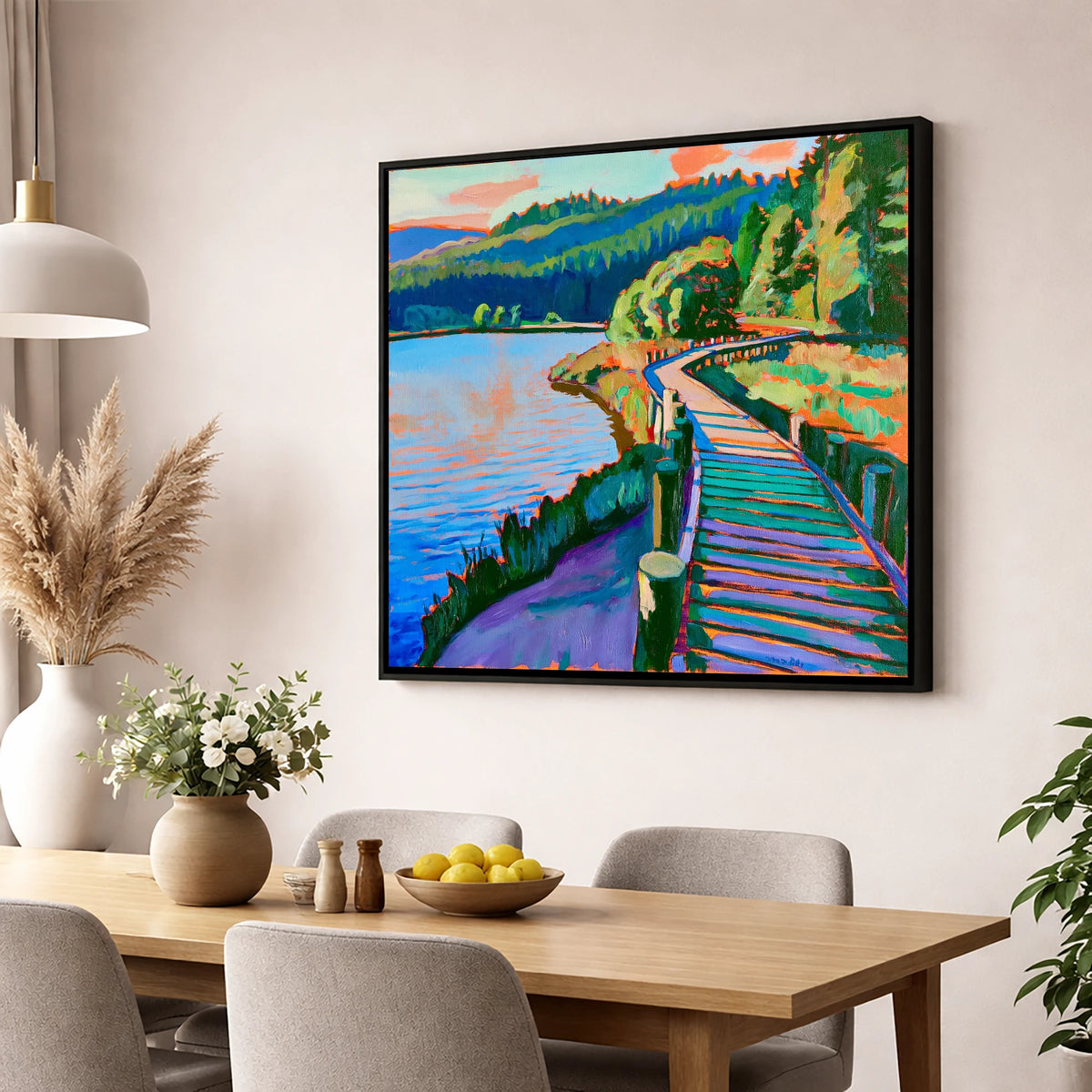 Vibrant Boardwalk at Tarn Hows lake district lake wall art displayed in a dining room