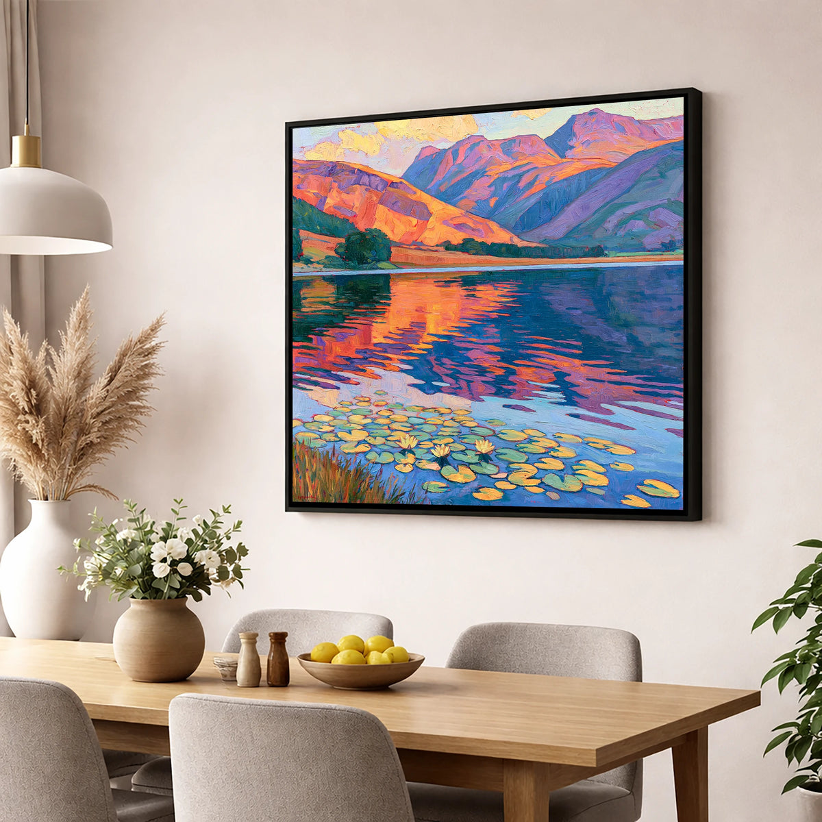 Amber Sunset Over Lily Tarn lake district lake wall art displayed in a dining room