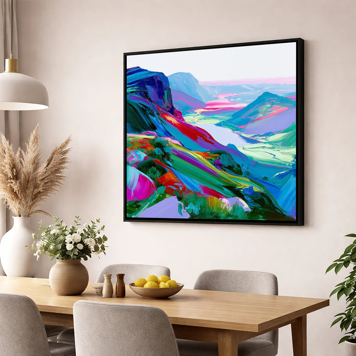 Vibrant Summit Valley View lake district fell wall art displayed in a dining room