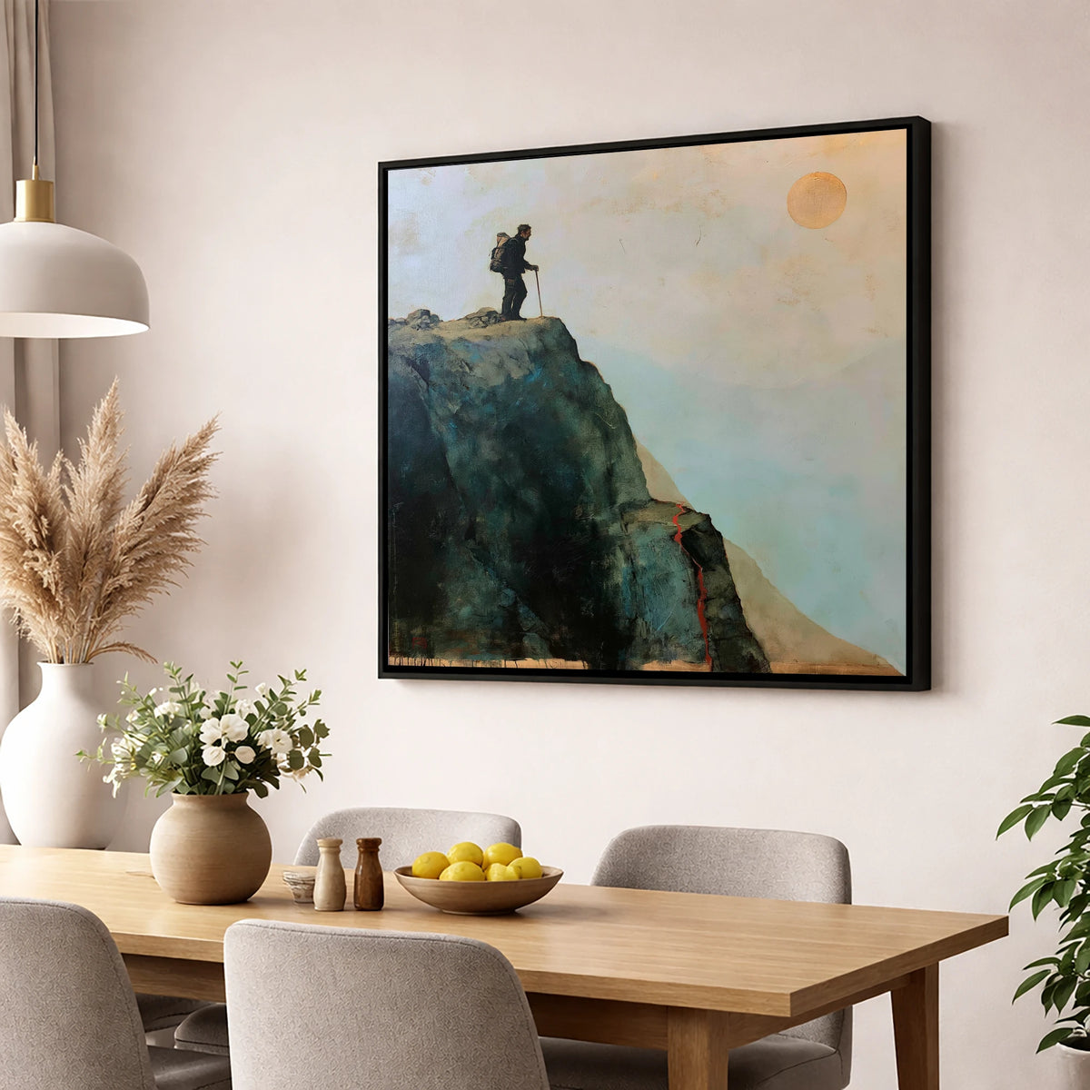 Striding Edge Silhouette and Golden Sun lake district walking wall art displayed in a dining room