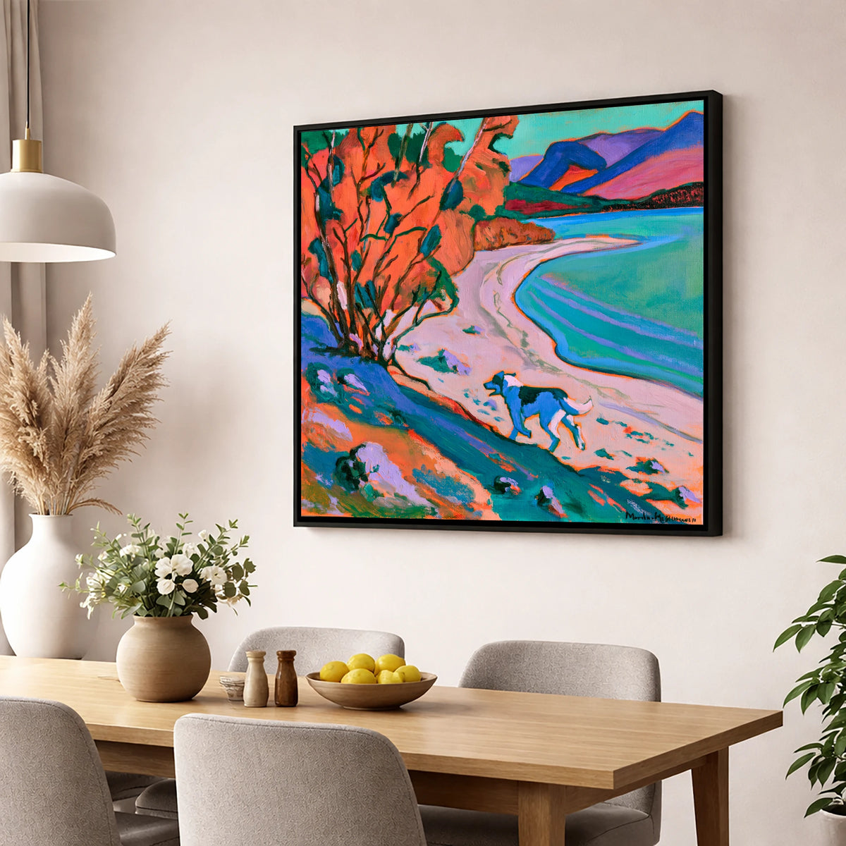 Colourful Derwentwater Shore with Dog derwentwater wall art wall art displayed in a dining room