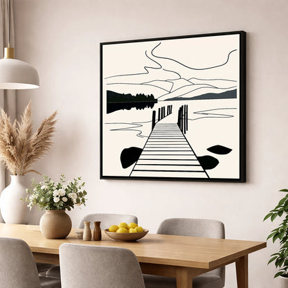 Minimalist Waterhead Jetty Ambleside lake district village wall art displayed in a dining room