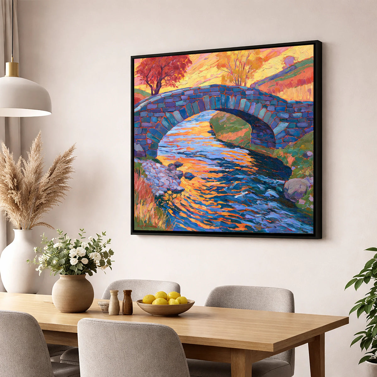 Stone Bridge over a Golden Beck lake district waterfall wall art displayed in a dining room