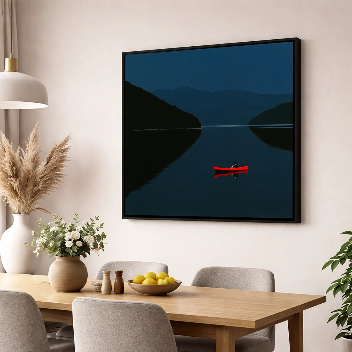 Red Kayak on Twilight Lake lake district walking wall art displayed in a dining room