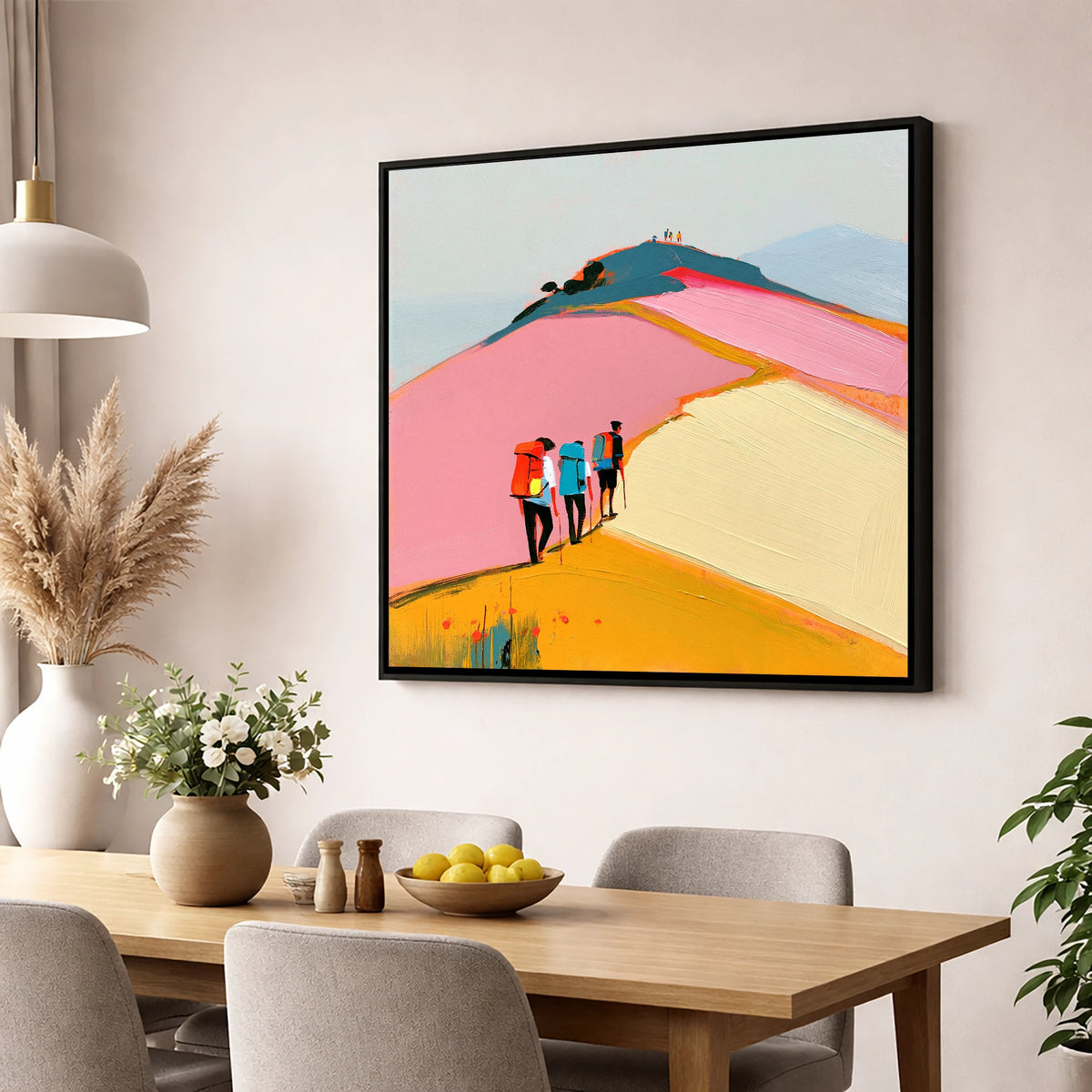 Colourful Fell Ridge Hikers lake district fell wall art displayed in a dining room