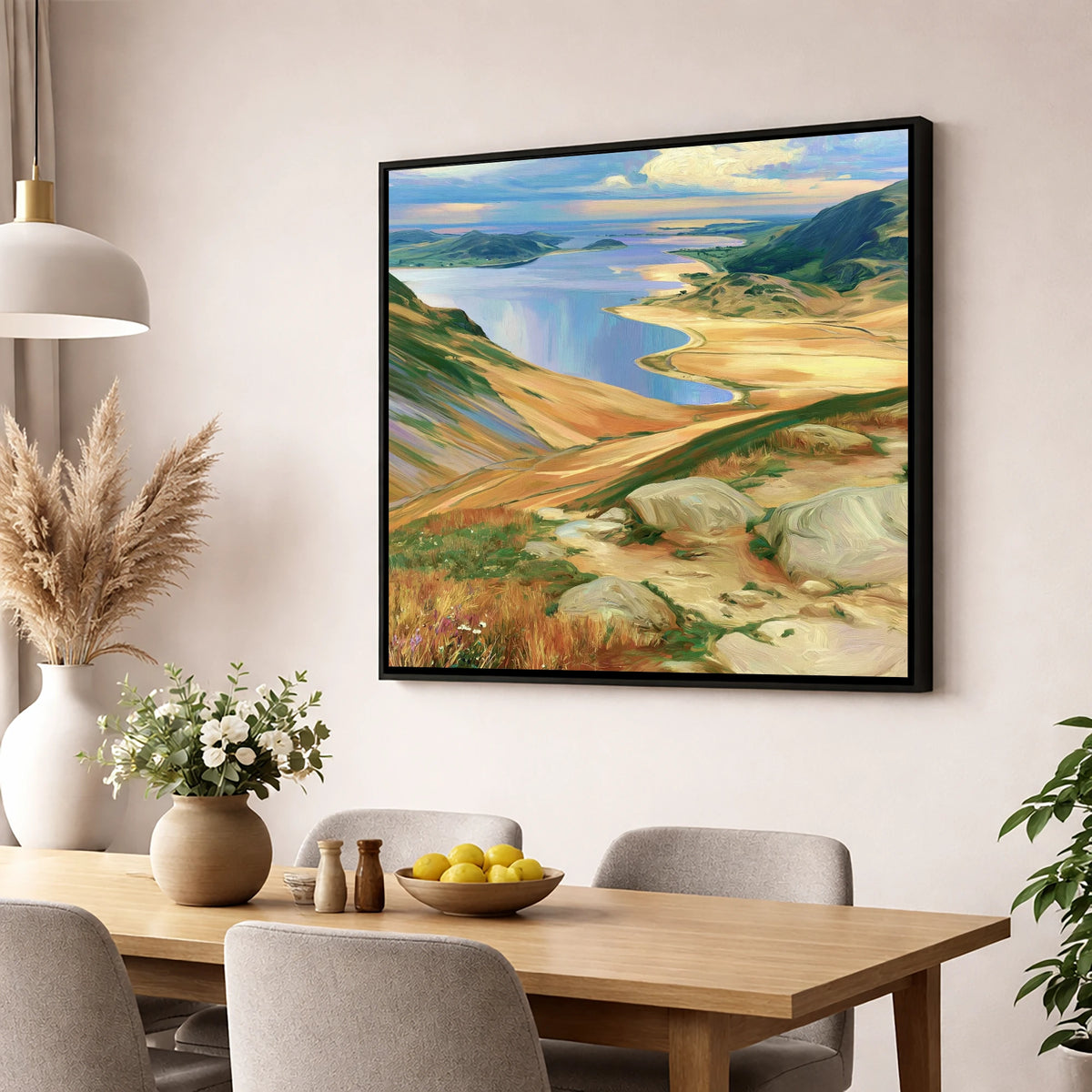 Vibrant Summit View over Water lake district fell wall art displayed in a dining room