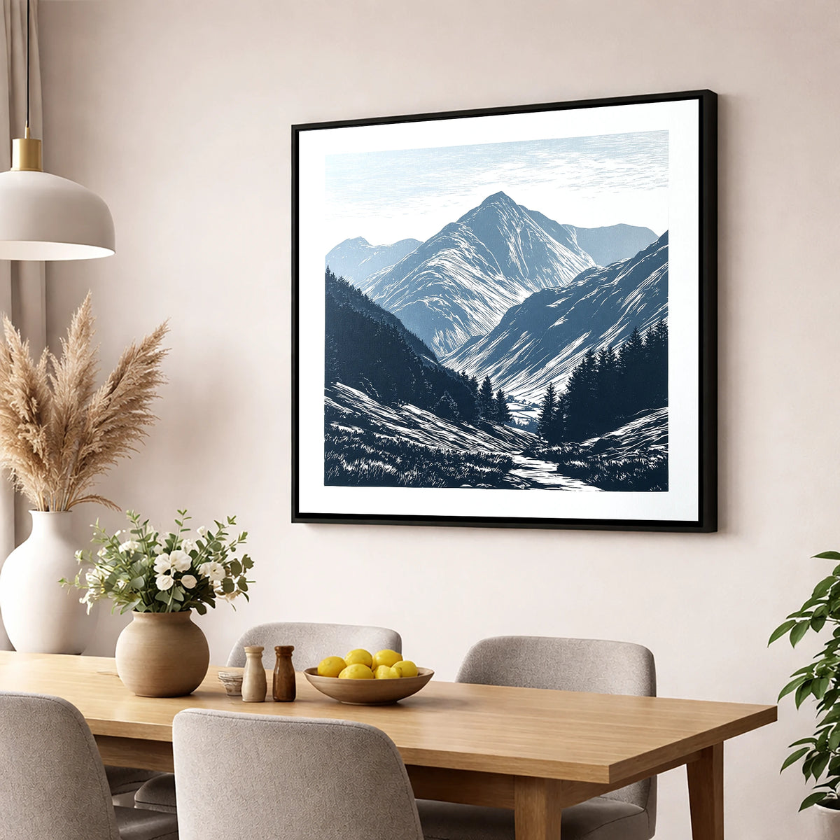 Bowfell Peak in Slate Blue lake district fell wall art displayed in a dining room
