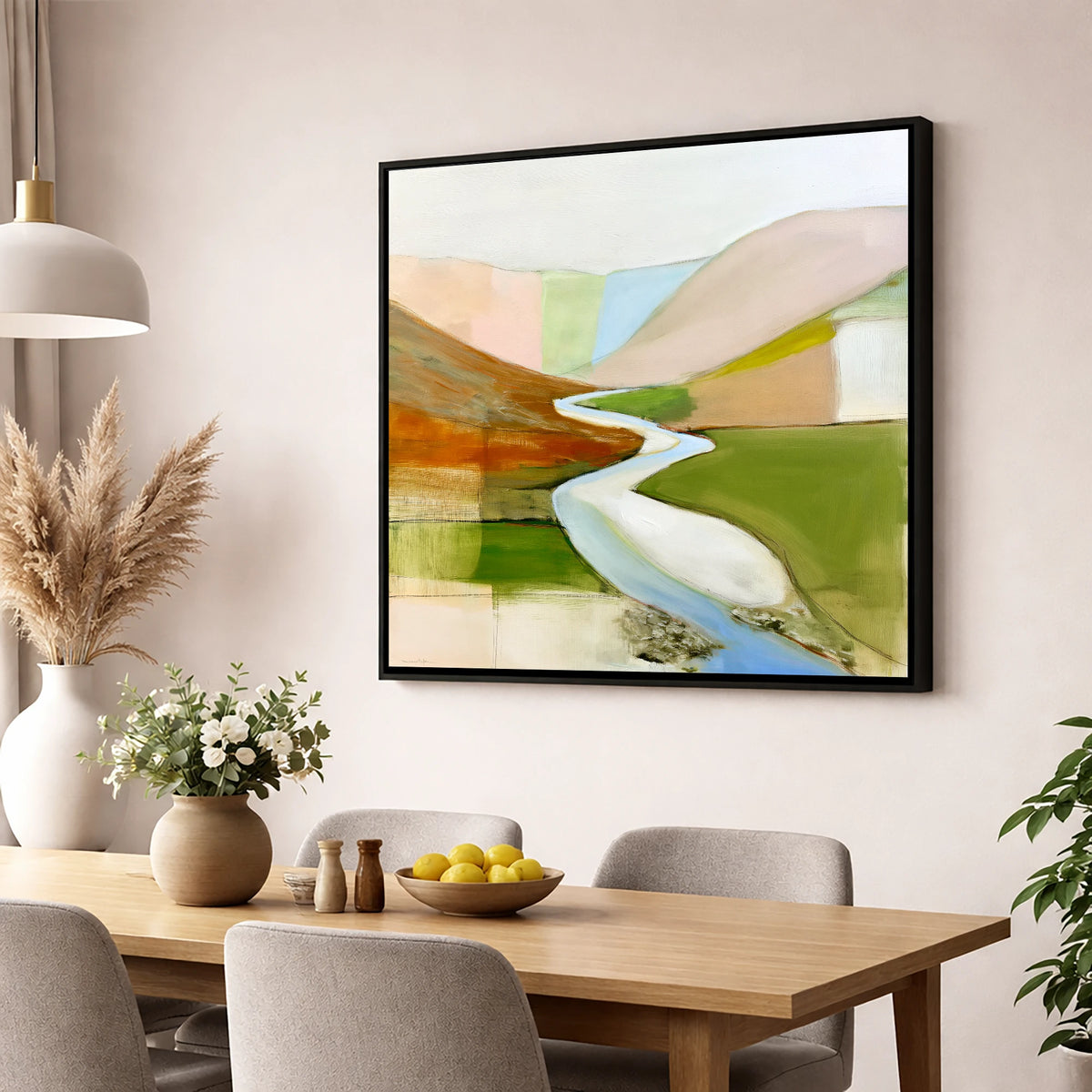 Winding River Through Pastel Fells lake district waterfall wall art displayed in a dining room