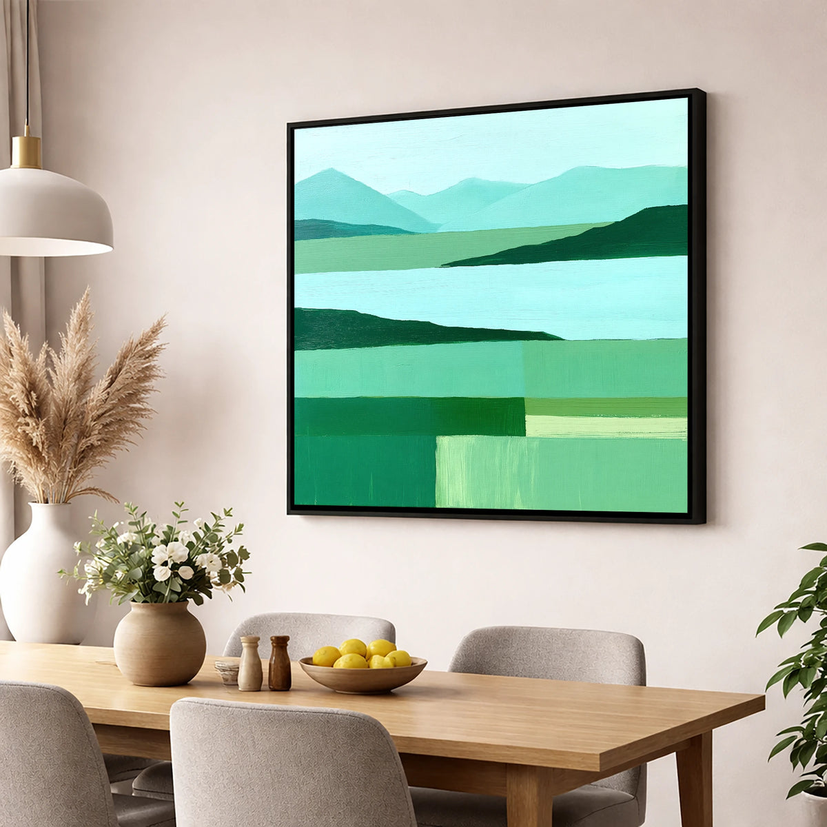 Coniston Water in Abstract Green lake district village wall art displayed in a dining room