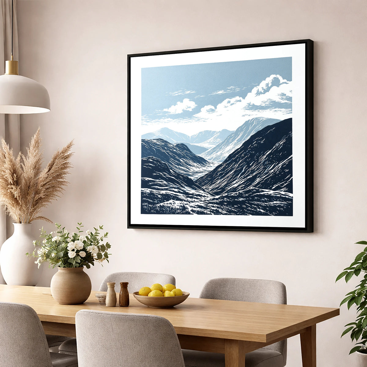 High Summit Valley in Navy lake district fell wall art displayed in a dining room