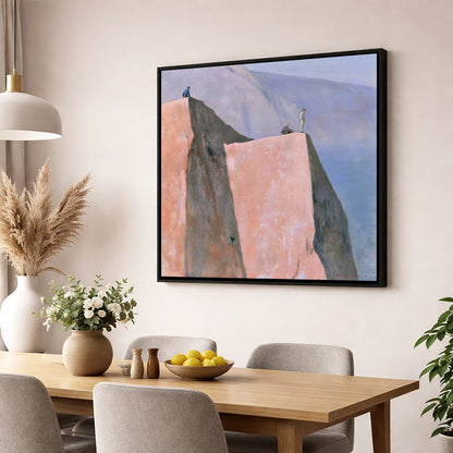 Climbers on a Pastel Crag lake district walking wall art displayed in a dining room