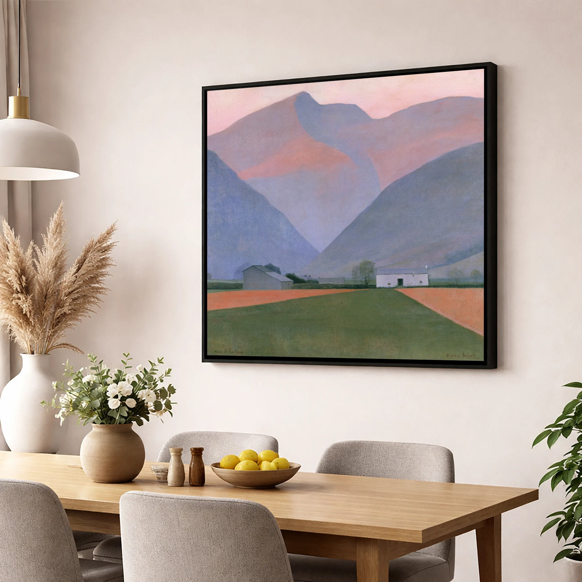 Valley Farm Beneath Pastel Fells lake district valley wall art displayed in a dining room