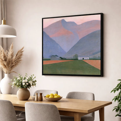 Valley Farm Beneath Pastel Fells lake district valley wall art displayed in a dining room