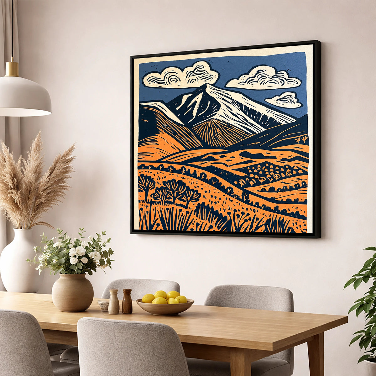 Skiddaw in Terracotta and Navy lake district fell wall art displayed in a dining room