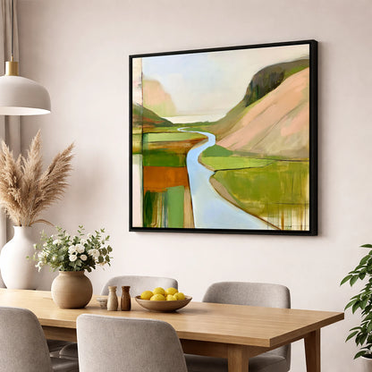 Azure Winding River Valley lake district waterfall wall art displayed in a dining room