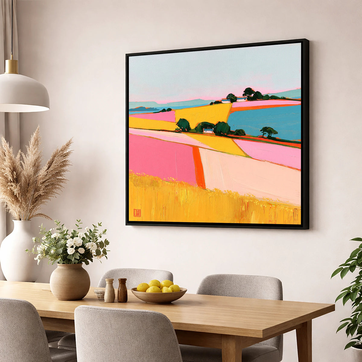 Vibrant Dale Patchwork Fields lake district valley wall art displayed in a dining room