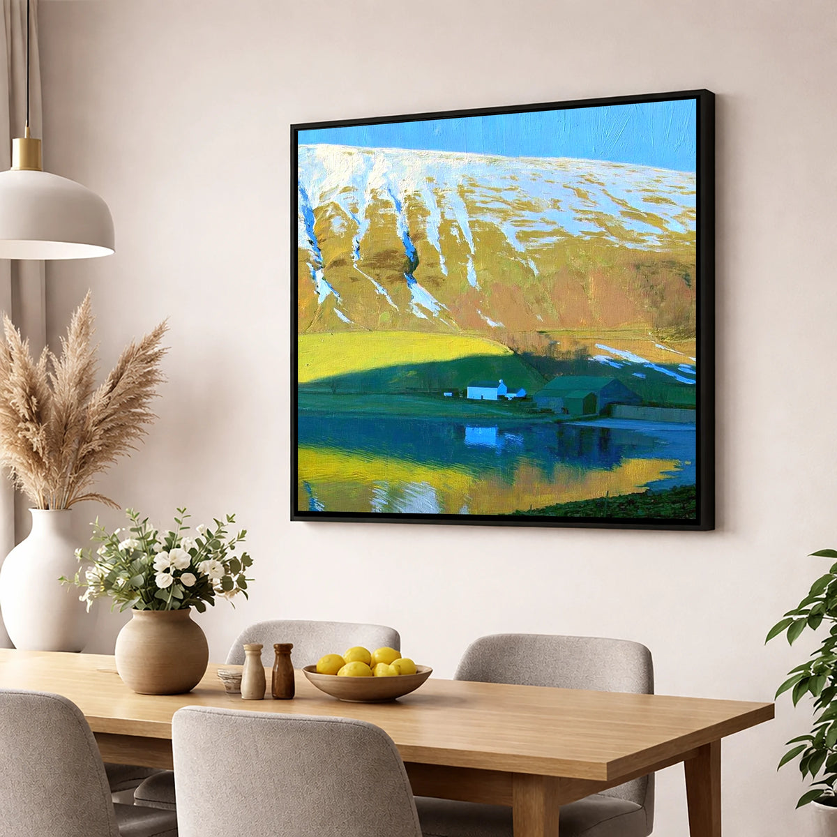 Sunlight On High Tove Snow Gullies lake district fell wall art displayed in a dining room