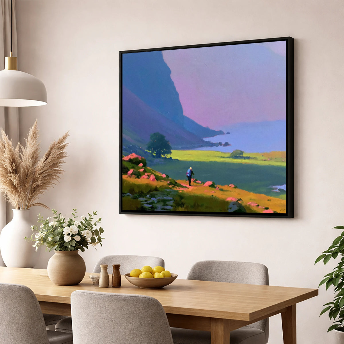 Lone Hiker Beneath Indigo Fells lake district walking wall art displayed in a dining room