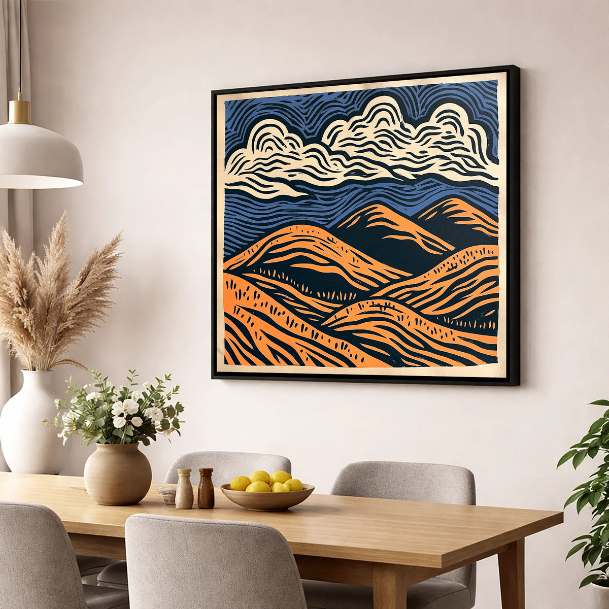 Navy and Orange Rolling Fells lake district fell wall art displayed in a dining room
