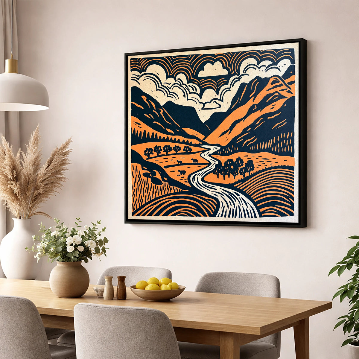 Graphic Great Langdale Valley lake district valley wall art displayed in a dining room