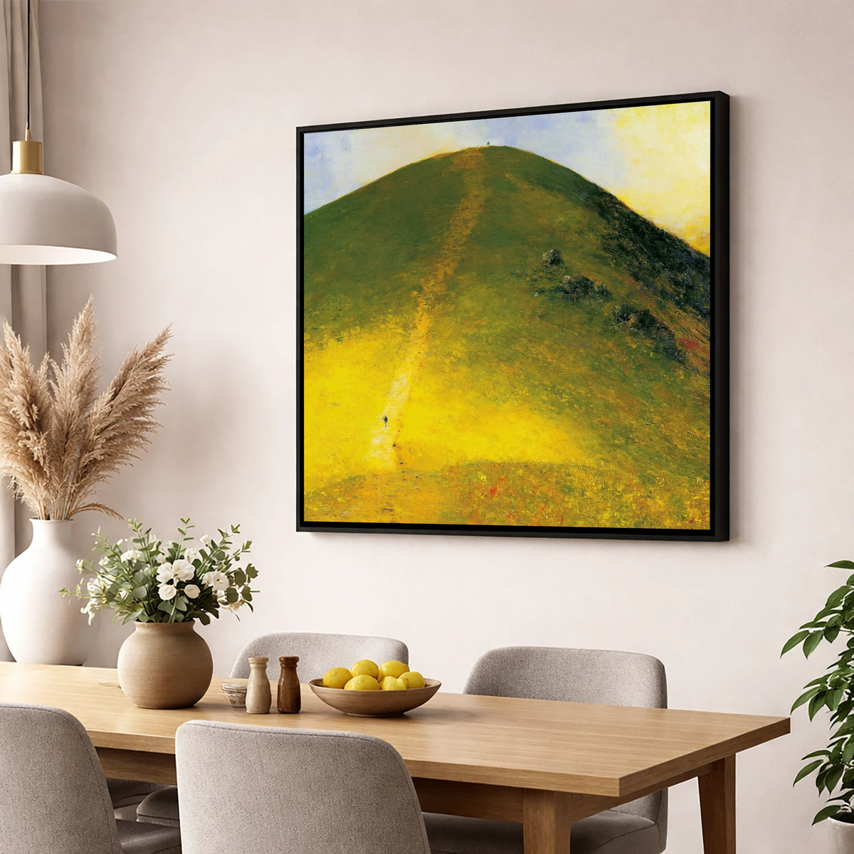Golden Ascent of Catbells lake district fell wall art displayed in a dining room