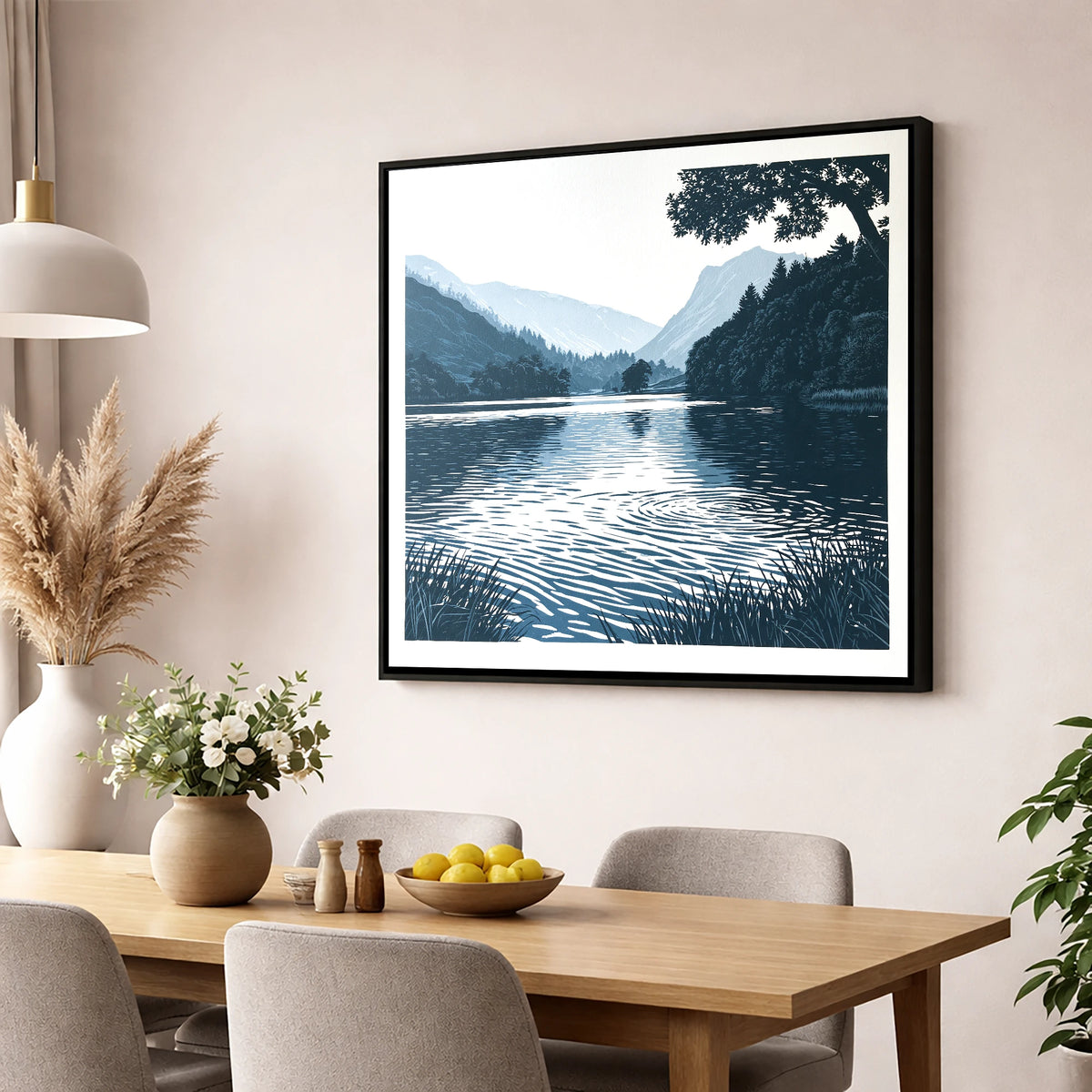Lake Ripples at First Light lake district lake wall art displayed in a dining room