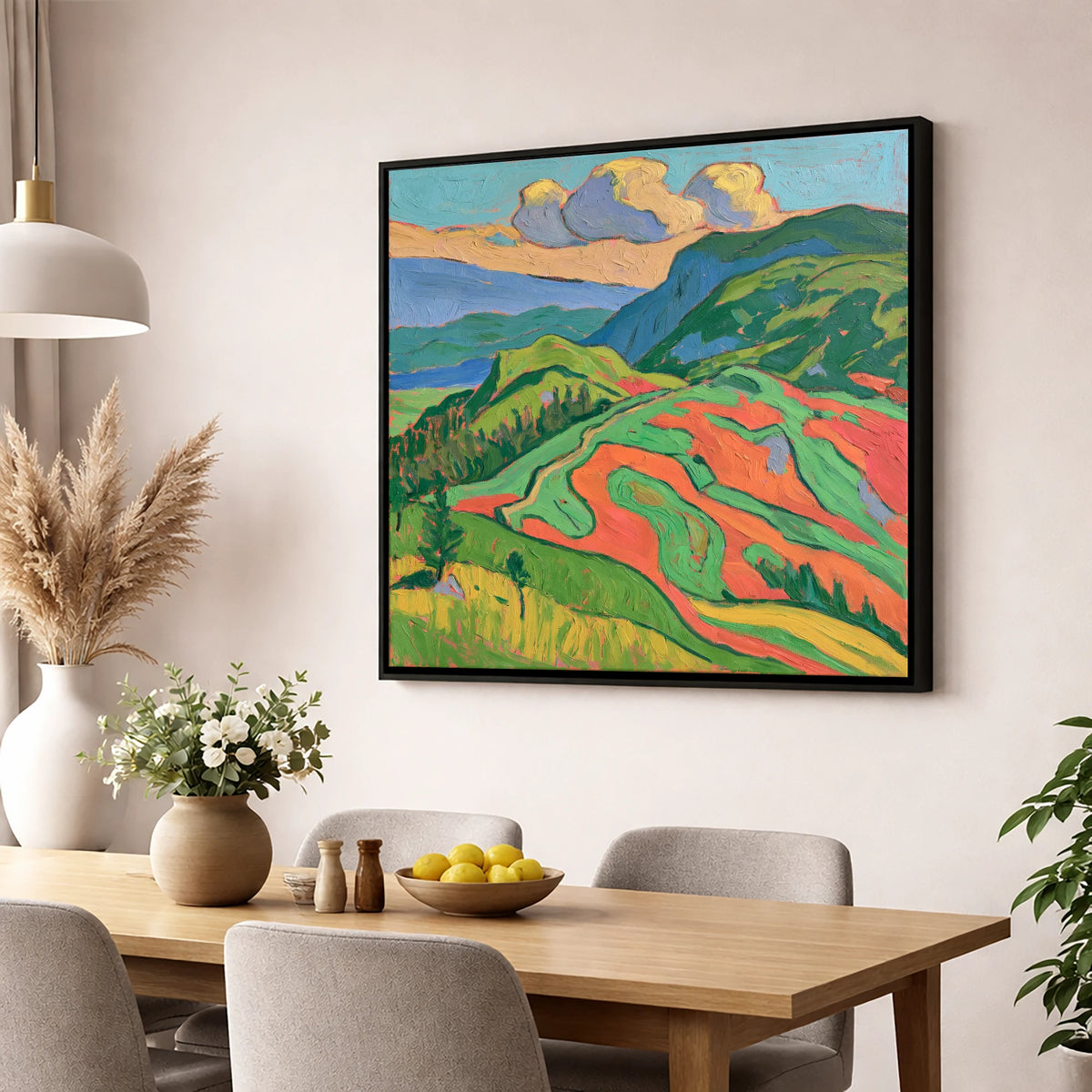 Vivid Rolling Fells Under Cloud lake district fell wall art displayed in a dining room