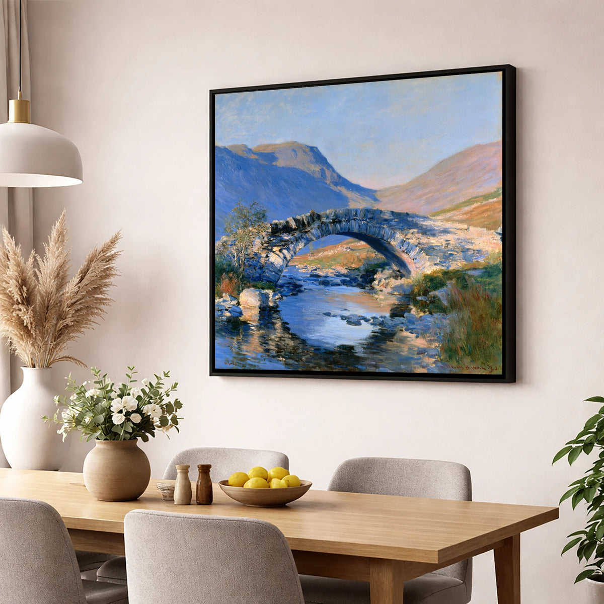 Luminous Stone Bridge Over Mountain Beck lake district waterfall wall art displayed in a dining room