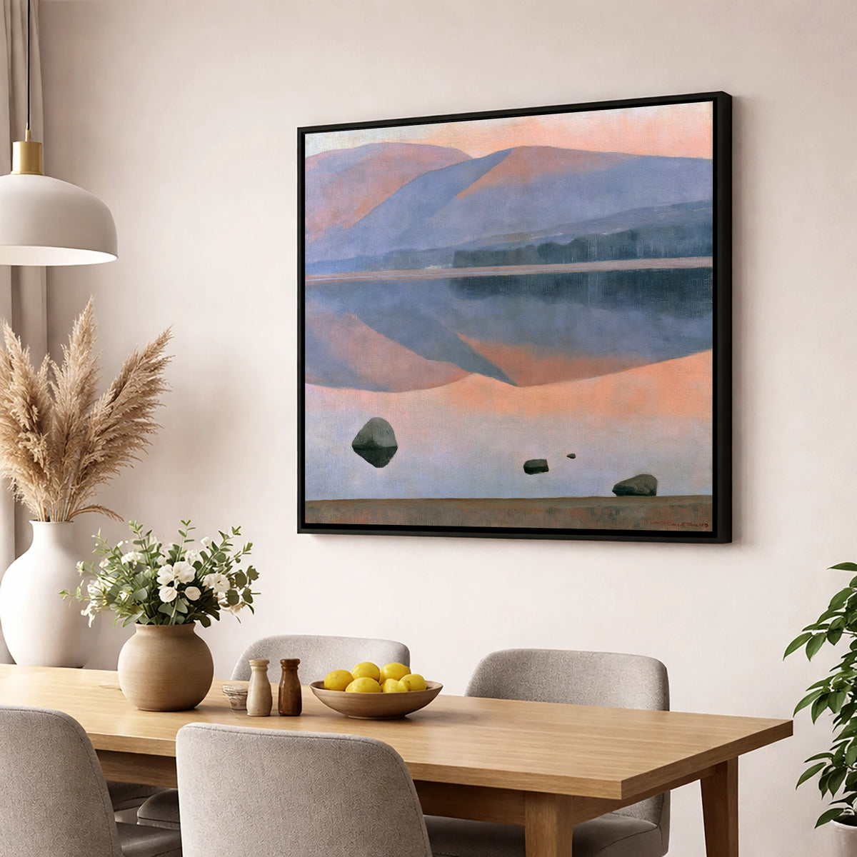 Dusk Fells Reflected on Calm Water lake district lake wall art displayed in a dining room