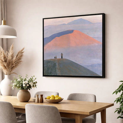 Hikers on a Pastel Fell Top lake district fell wall art displayed in a dining room