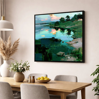 Turquoise Lake at Pink Sunrise lake district lake wall art displayed in a dining room